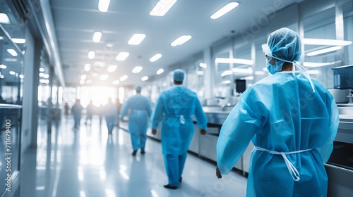 Modern hospital corridor with long exposure effect blurred people in light blue and white tones