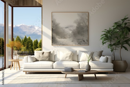 Interior design modern living room with white sofa 3d render image photo