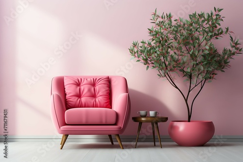 Interior of living room with pink armchair  coffee table and lamp. 3d render