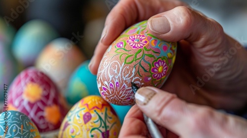 An up-close view of a woman's hands deftly painting Easter eggs with vibrant patterns and decorations