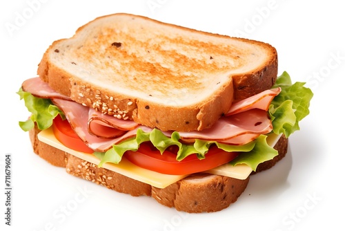 Sandwich with ham, cheese, tomato and lettuce isolated on white background