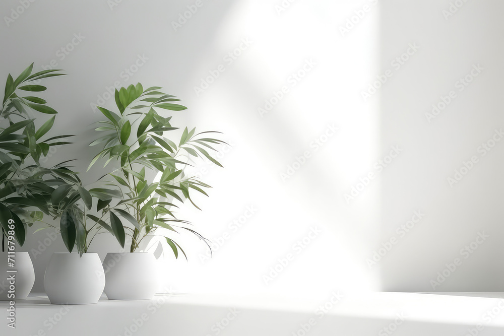 Minimalistic light background with blurred foliage shadow on a white wall. Empty white room interior with plant pot. 3d render illustration.