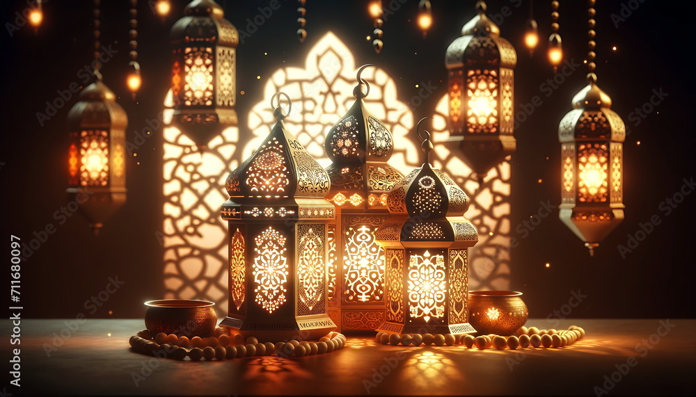 Experience the Eid Mubarak Radiance with this Ramadan Lantern Glow Background, perfect for Greeting Cards, Wallpapers, Banners, and Presentations.
