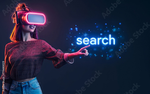  A young woman in virtual reality headphones explores vibrant illustrations of a search bar saying "search" on a dark background.
