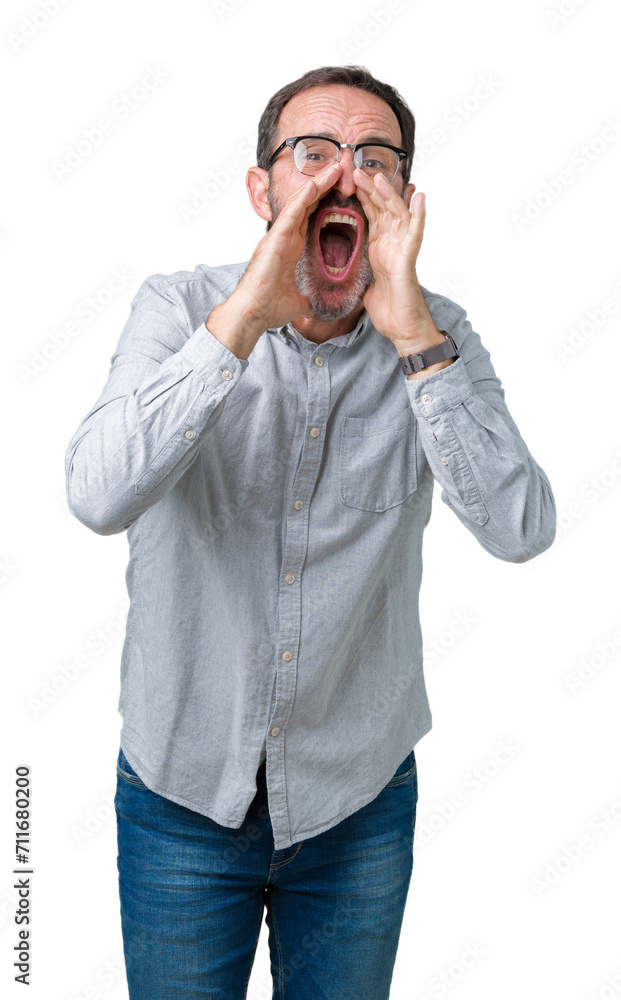 Handsome middle age elegant senior man wearing glasses over isolated background Shouting angry out loud with hands over mouth Handsome middle age elegant senior man wearing glasses over isolated background Shouting angry out loud with hands over mouth