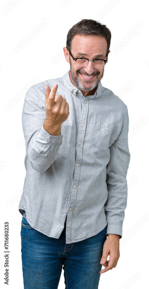 Handsome middle age elegant senior man wearing glasses over isolated background Beckoning come here gesture with hand inviting happy and smiling Handsome middle age elegant senior man wearing glasses over isolated background Beckoning come here gesture with hand inviting happy and smiling