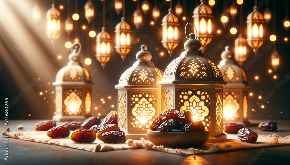 Experience the Eid Mubarak Radiance with this Ramadan Lantern Glow Background with dates palm fruits, perfect for Greeting Cards, Wallpapers, Banners, and Presentations. Experience the Eid Mubarak Radiance with this Ramadan Lantern Glow Background with dates palm fruits, perfect for Greeting Cards, Wallpapers, Banners, and Presentations.