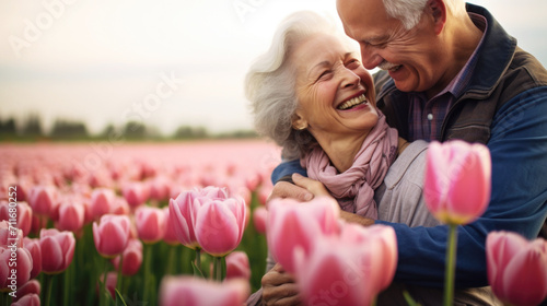 Joyful mature couple in red tulip flowers spring blooming field sharing a moment #711680252