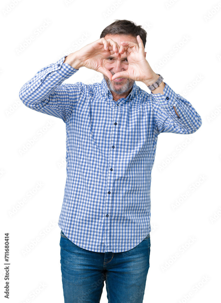 Handsome middle age elegant senior man over isolated background Doing heart shape with hand and fingers smiling looking through sign Handsome middle age elegant senior man over isolated background Doing heart shape with hand and fingers smiling looking through sign