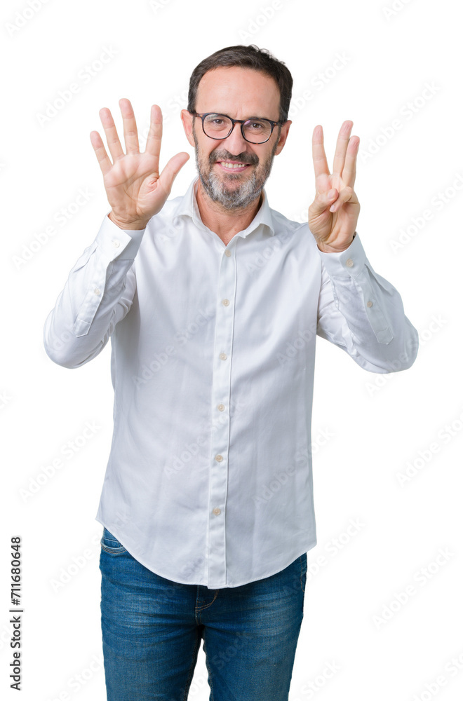 Handsome middle age elegant senior business man wearing glasses over isolated background showing and pointing up with fingers number eight while smiling confident and happy. Handsome middle age elegant senior business man wearing glasses over isolated background showing and pointing up with fingers number eight while smiling confident and happy.