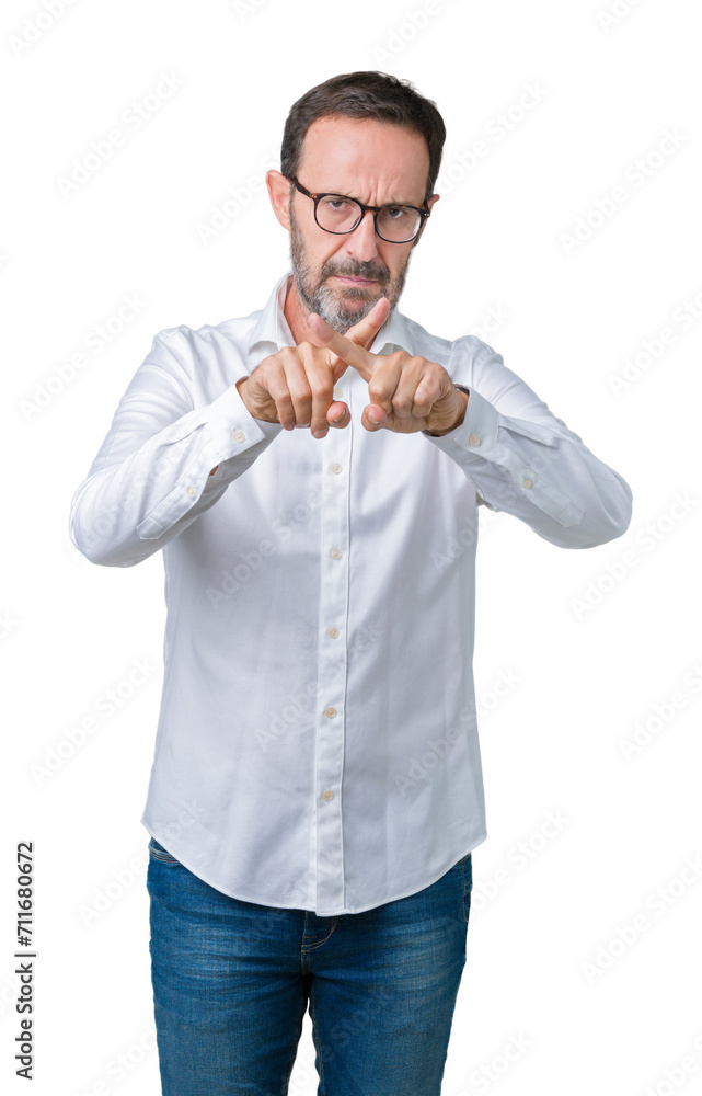 Handsome middle age elegant senior business man wearing glasses over isolated background Rejection expression crossing fingers doing negative sign Handsome middle age elegant senior business man wearing glasses over isolated background Rejection expression crossing fingers doing negative sign