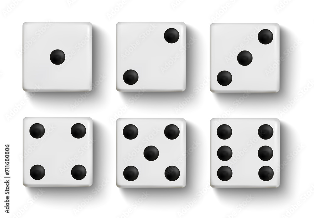 Set of realistic white dice isolated on transparent background Set of realistic white dice isolated on transparent background