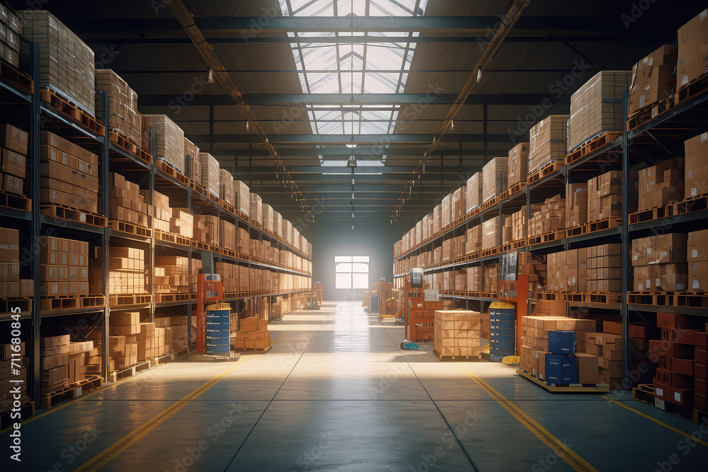 Empty Warehouse full of blank cardboard boxes stacked. 3d render illustration. Empty Warehouse full of blank cardboard boxes stacked. 3d render illustration.