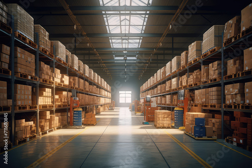 Empty Warehouse full of blank cardboard boxes stacked. 3d render illustration. photo