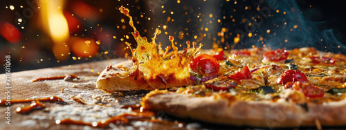 Dramatic capture of cheese pizza slice with toppings flying mid air explosion photo