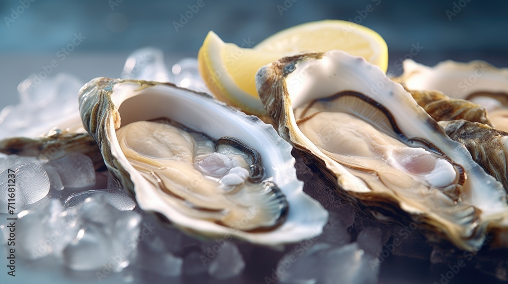 Fresh oysters served on ice with lemon, copy space Fresh oysters served on ice with lemon, copy space