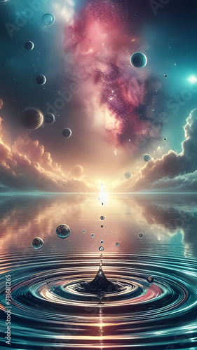 A water drop with stars and planets in the background