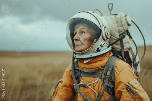 Old woman astronaut in spacesuit walks across field. Generative AI photo