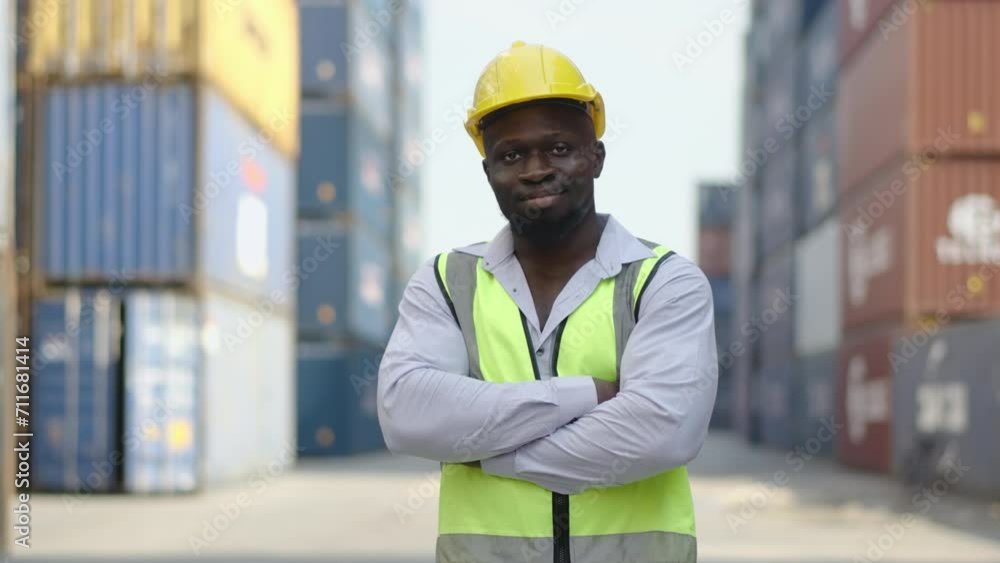 Portrait of african american container male worker or dock foreman confident and smiling standing at warehouse logistic in Cargo freight ship for import export in harbor, happy employee arms crossed Portrait of african american container male worker or dock foreman confident and smiling standing at warehouse logistic in Cargo freight ship for import export in harbor, happy employee arms crossed