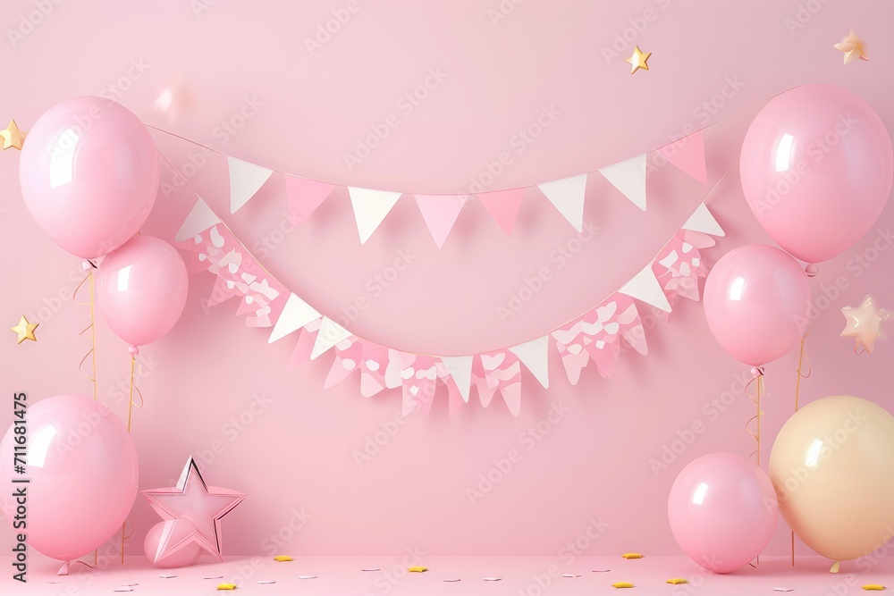birthday Party,Party items and table items in a room decorated with balloons,3d,render 3d birthday Party,Party items and table items in a room decorated with balloons,3d,render 3d