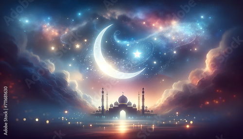 Enchanting Ramadan Crescent under the Mesmerizing Night Sky, Silhouetted Mosque  background