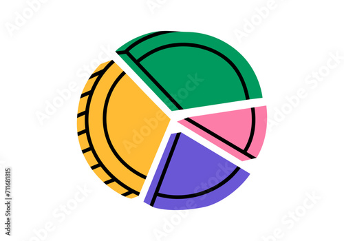 Hand drawn cute cartoon illustration of pie chart in form of coin. Flat vector money expense diagram sticker in doodle style. Budget planning icon or print. Successful investments or savings. Isolated