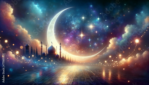 Enchanting Ramadan Crescent under the Mesmerizing Night Sky  Silhouetted Mosque  background