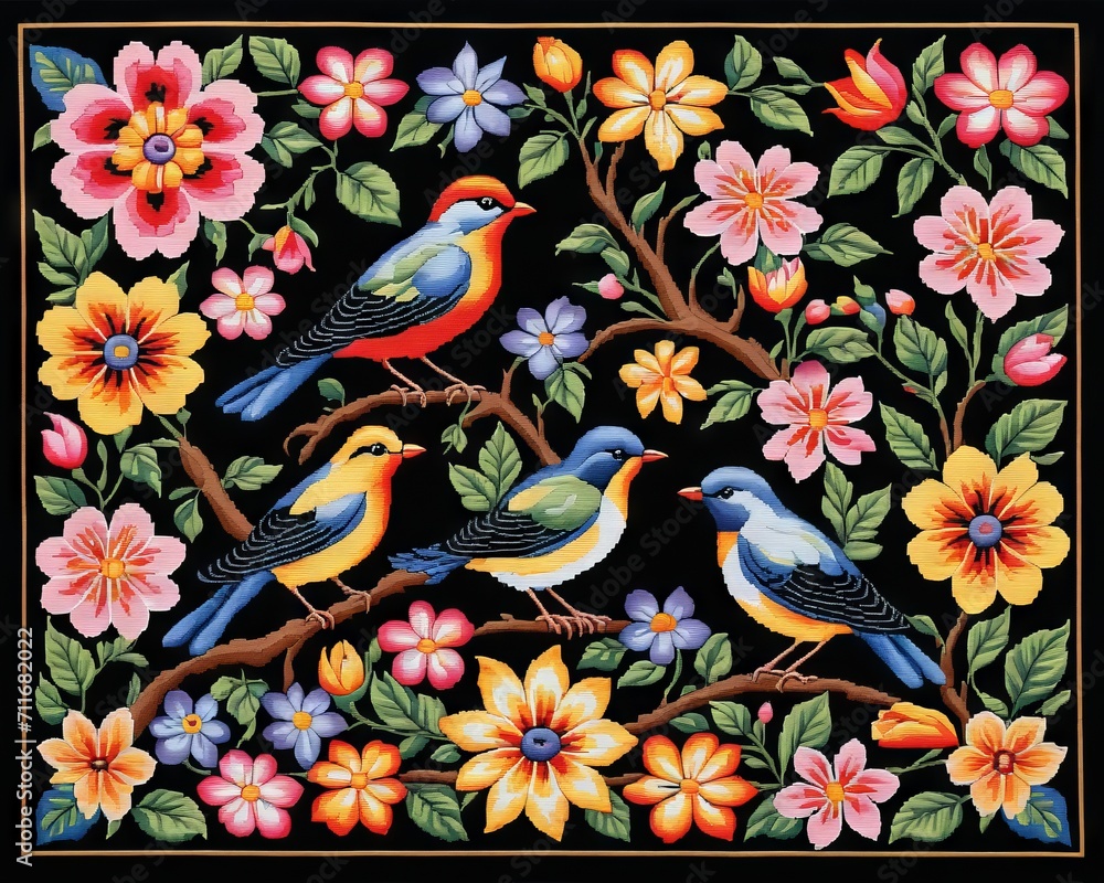 Obraz premium Embroidered Birds and Flowers on Black Fabric