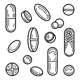 Set pills sketch. Medical capsules. Medicines vitamins. Hand drawn line art illustration.