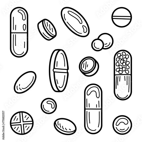 Set pills sketch. Medical capsules. Medicines vitamins. Hand drawn line art illustration.