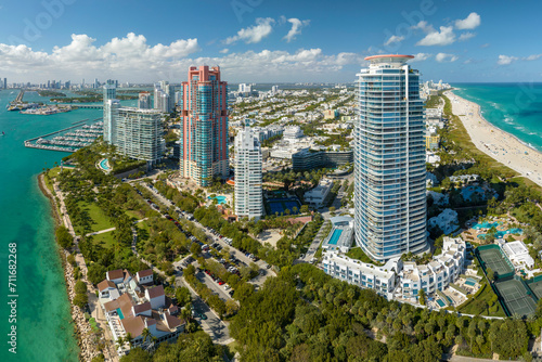 Florida vacation destination. South Beach architecture. Miami Beach city with high luxury hotels and condos. Tourist infrastructure in southern Florida, USA