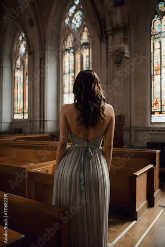 Single Woman in a dress standing in a church