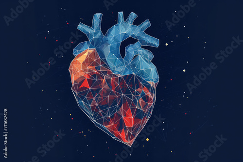 Abstract blue human heart. Heart anatomy. Healthcare medical concept. Polygonal style design. Geometric background. Wireframe light connection structure. photo