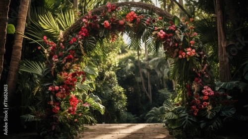 tropical wedding arch decoration in green jungle