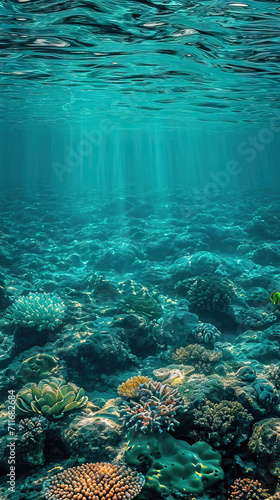 Teal Tides: A Teal Background with Rippling Water and Submerged Corals, Evoking an Underwater World