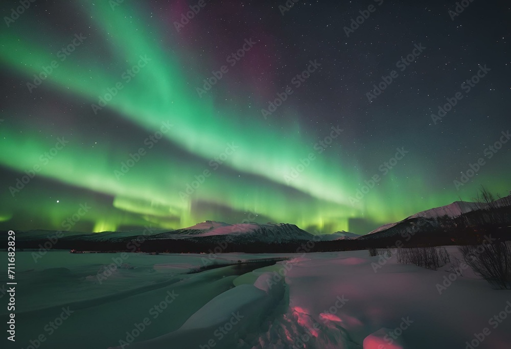AI generated illustration of aurora borealis lights up the night sky above a snow-covered lake
