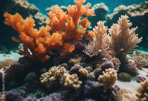 AI generated illustration of underwater scene showcasing vibrant corals and a tiny fish