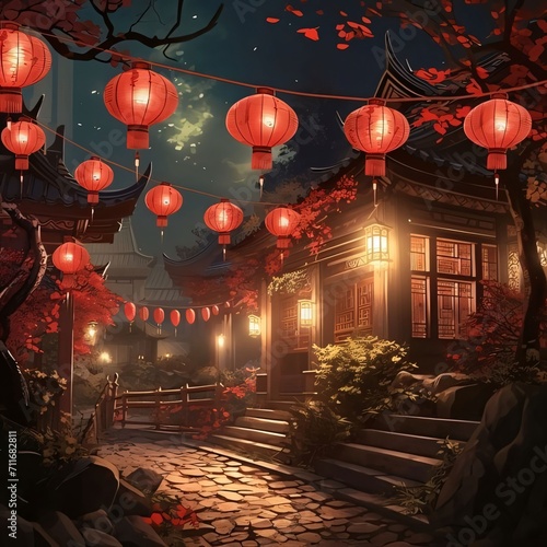 Chinese temple and hanging red Lanterns at night. Chinese New Year celebrations.