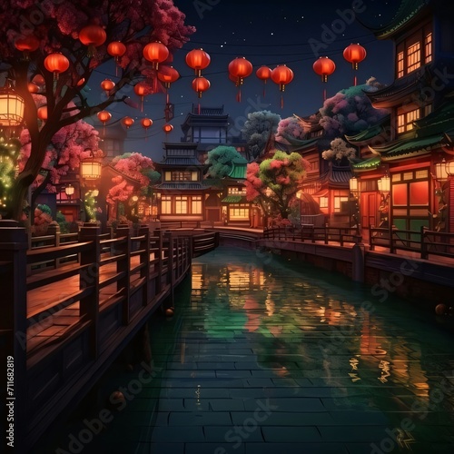 Chinese houses and temples, wooden bridges and Red Chinese Lanterns. Chinese New Year celebrations. © Hawk