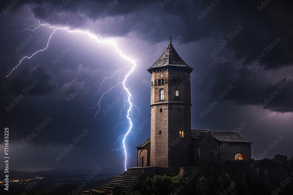 stone tower with lightning background