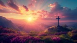 Beautiful sunset in the mountains with a cross on the hill.