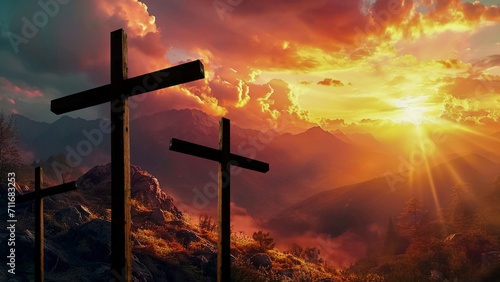 Crosses in the mountains at sunset. Landscape. Easter concept. Generative AI.