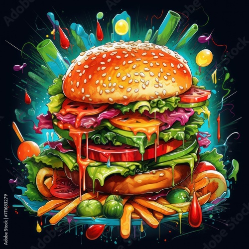 Hand drawn burger illustration. Cartoon style artwork of an oversized burger. A hamburger with cheese  fries and tomato on a plate.