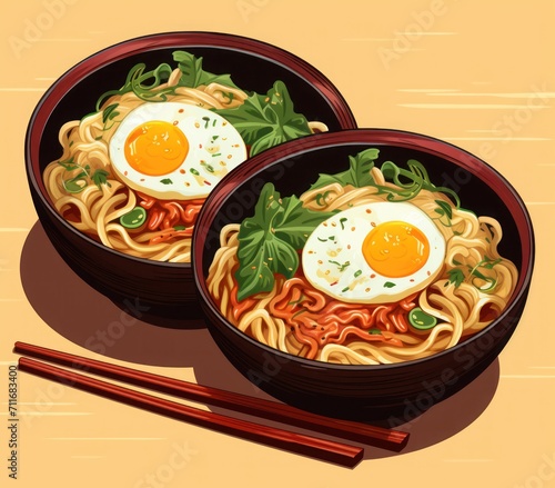 Hand drawn ramen illustration. Cartoon musubi, a bowl of noodles and chopsticks for sale. A bowl of asian food.