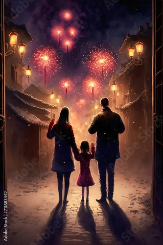 A family on a walk watching a fireworks show in the night sky rear view. Chinese New Year celebrations.