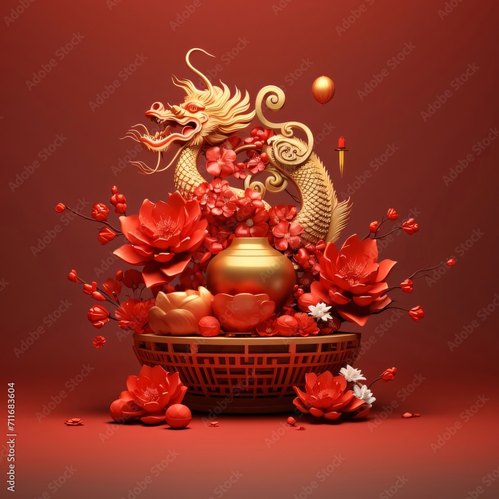 Decorations to celebrate Chinese new year: dragon and red flowers on red background. Chinese New Year celebrations.