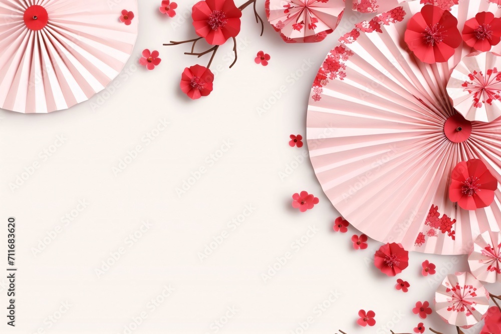 Pink cherry blossoms and Chinese traditional fans, top view. Banner with space for your own content. Blank space for the inscription.