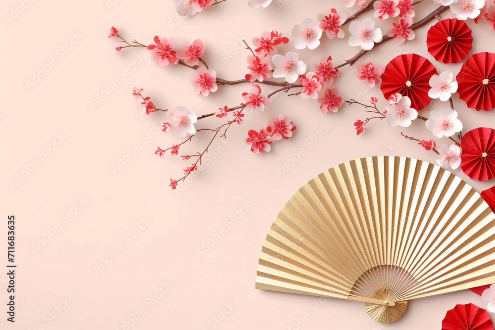 Pink cherry blossoms and Chinese traditional fans, top view. Banner with space for your own content. Blank space for the inscription.