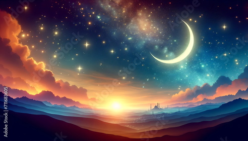 Enchanting Ramadan Crescent under the Mesmerizing Night Sky