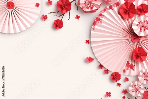Pink cherry blossoms and Chinese traditional fans  top view. Banner with space for your own content. Blank space for the inscription.